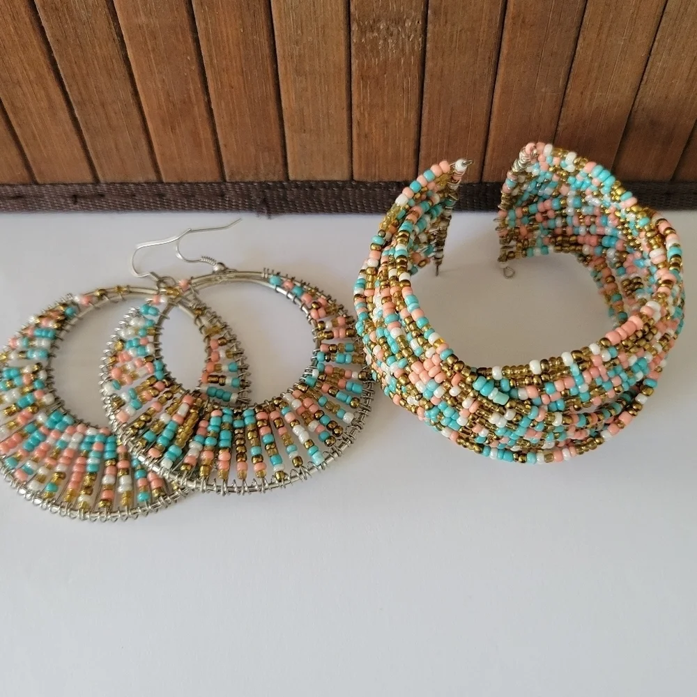 Large Blue and Pink Beaded Hoop Earrings Bracelet Cuff Set.